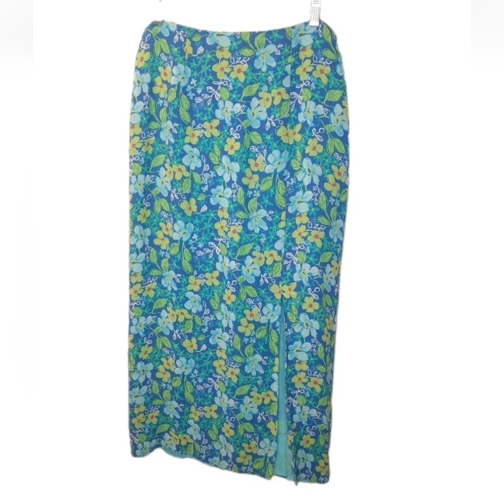 Sigrid Olsen Chiffon Maxi Skirt Woman Sz 8 Blue Floral Cottage Feminine Boho Vtg